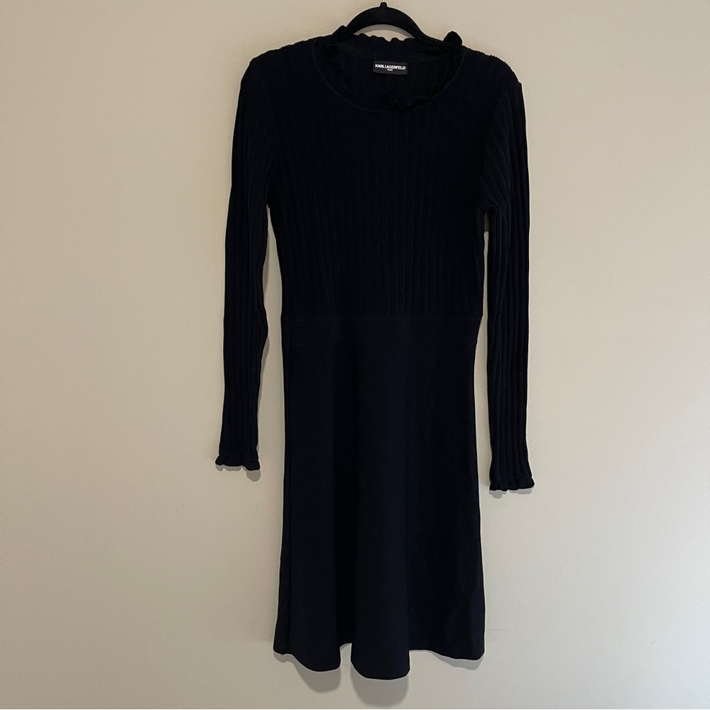Karl Lagerfeld Paris Black Midi Dress Scalloped Neck Ribbed Stretch Knit Size XS